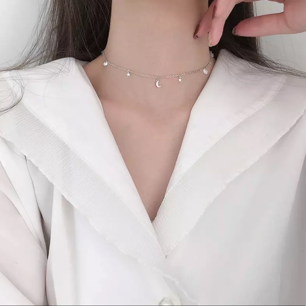 New Sterling Silver 925 Moon Stars & Crystals adjustable Necklace